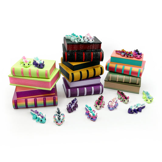 Book Dragon Micros – Book Stack Box with 6 Mini Articulated Dragons | Cute Bookish Container Set