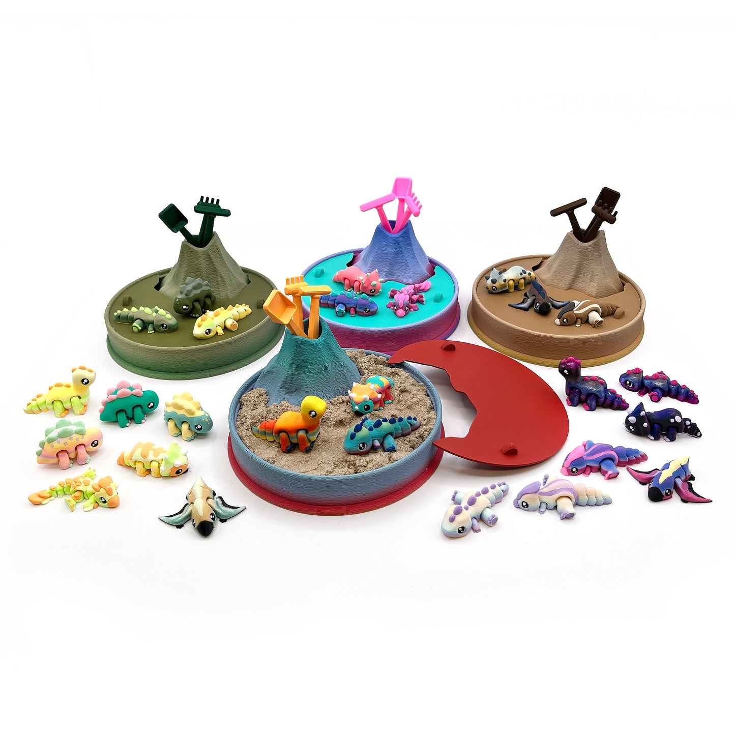 Dino Volcano Zen Garden – 3D Printed Dinosaur Play Set & Sensory Sand Desk Decor